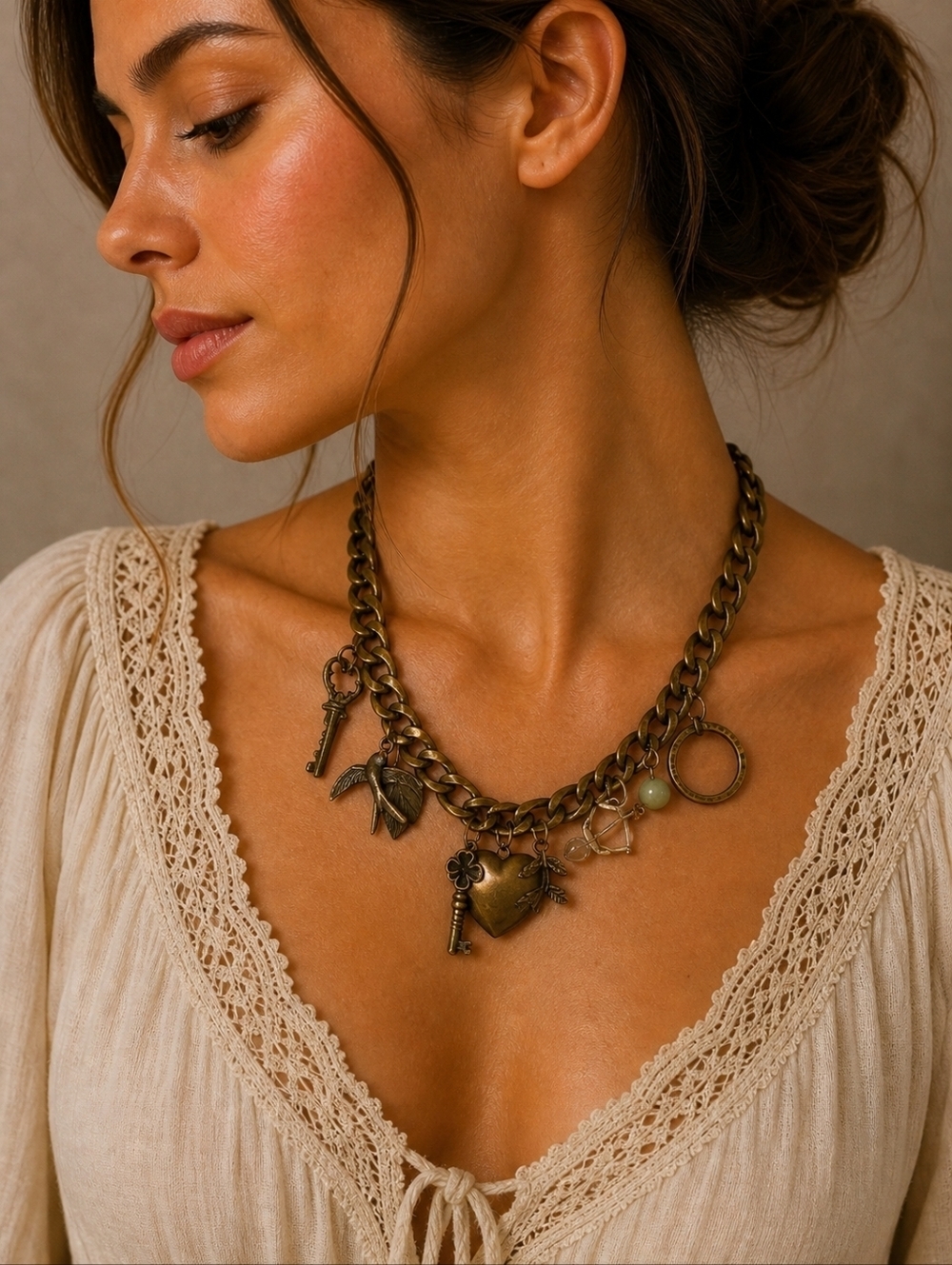 Vintage Bronze Heart Key Bird Leaves Charm Boho Chain Necklace